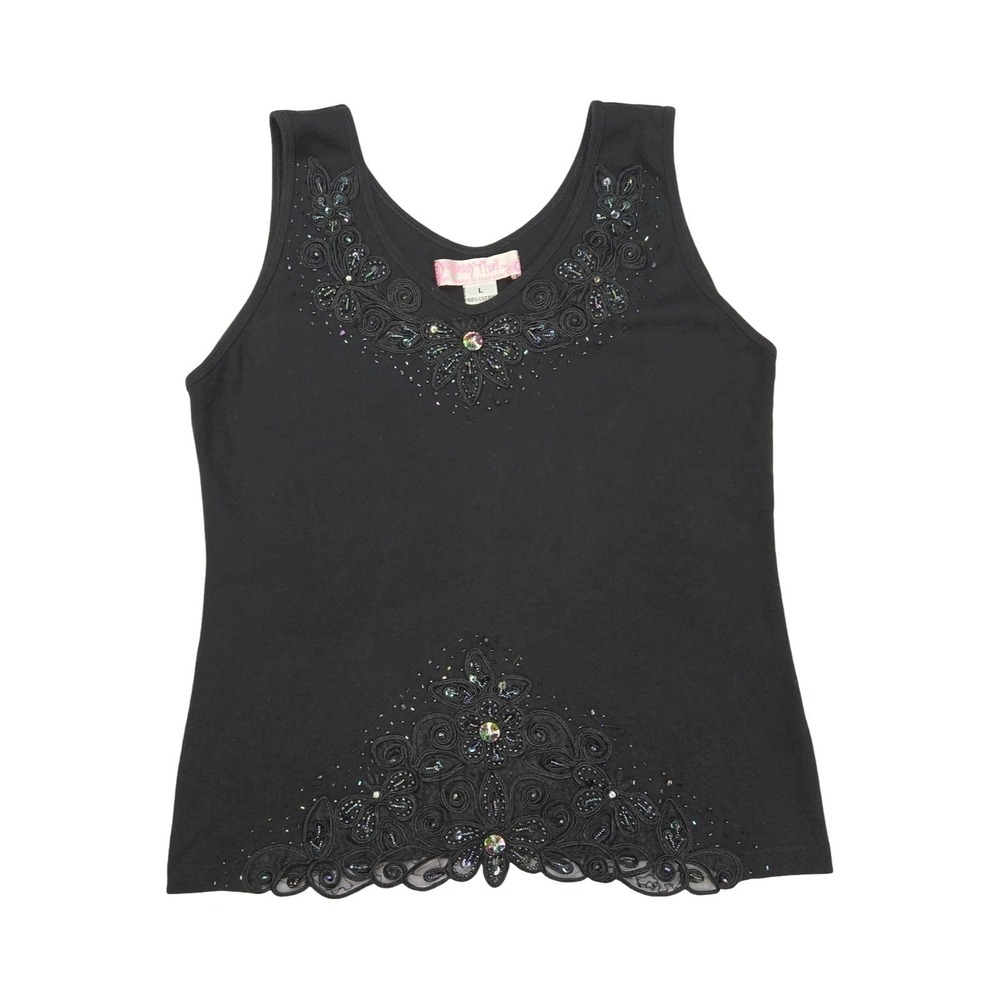 VTG Y2K Sassy Thai Black Cotton Tank Top Embroidered Beaded Floral Rhinestone LG